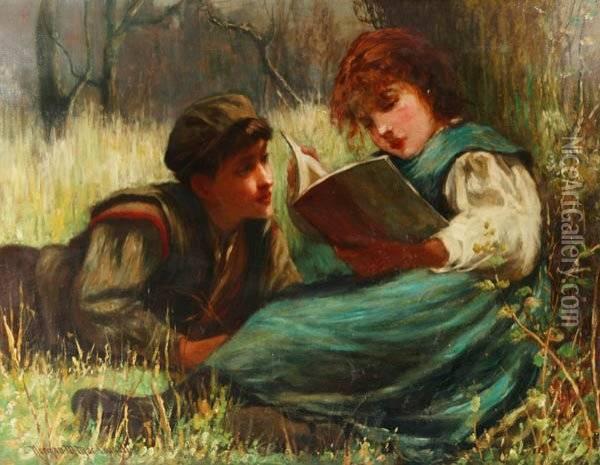 Girl And Boy Reading A Book Oil Painting - Norman M. Mcdougall