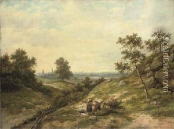 Woodgatherers In A Hilly Landscape Oil Painting - Hendrik Barend Koekkoek