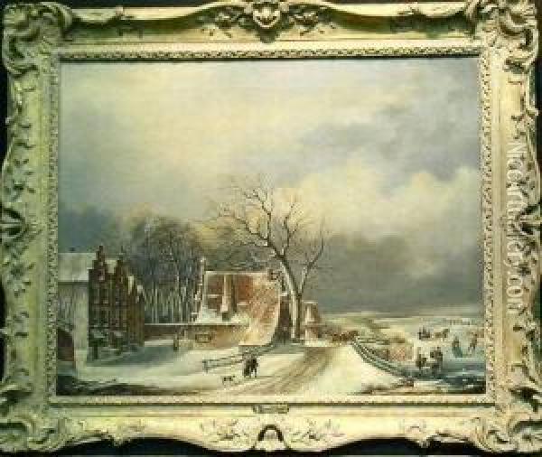 Villagers On Frozen River Oil Painting - A. Smits