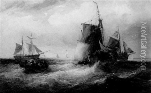 Fishing Boats And Other Vessels In A Choppy Sea Oil Painting - Samuel W. Calvert