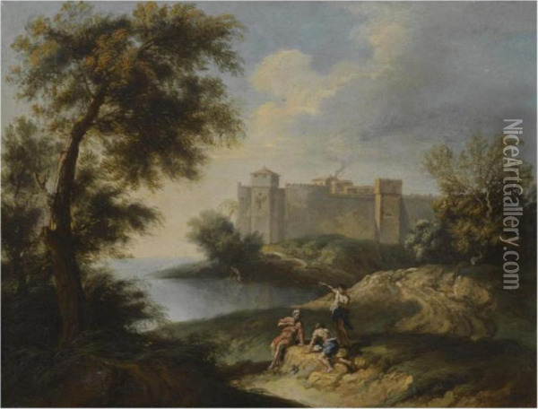 A Coastal Landscape With Figures In The Foreground And A Fortified Town Beyond Oil Painting - Andrea Locatelli
