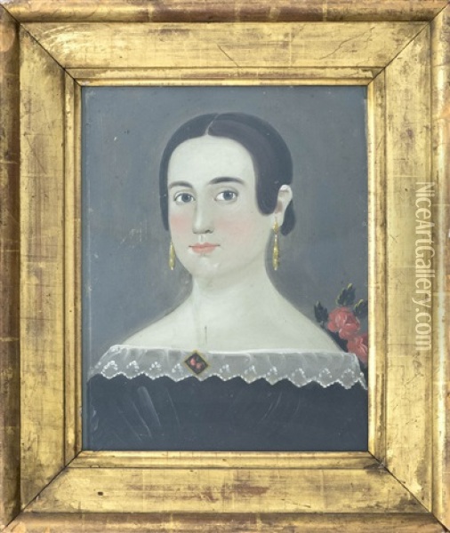Primitive Portrait Of A Young Woman With Rosy Cheeks Wearing Gold Earrings Oil Painting - William Matthew Prior