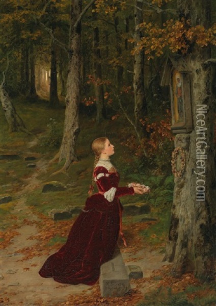 Girl Praying With A Rose Garland Oil Painting - Hubert Salentin