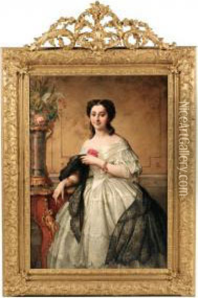 Portrait De Jeune Femme Au Chale De Dentelle [adelaide Salles-wagner ; Lady With A Lace Shawl ; Oil On Canvas Signed] Oil Painting - Adelaide Salles-Wagner