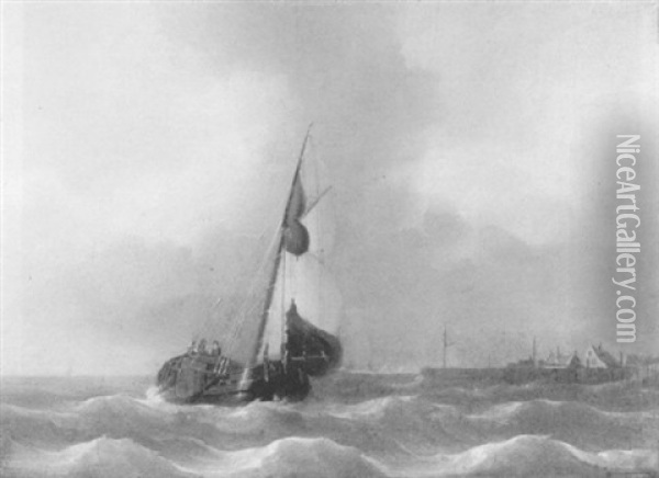 A Scow Sailing Off The Coast Oil Painting - Johan Hendrik Meyer