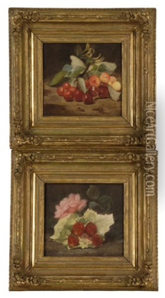Strawberries, A Lettuce, Leaf And A Rose And Cherries And Cherry Branch (pair) Oil Painting - Lilly Martin Spencer