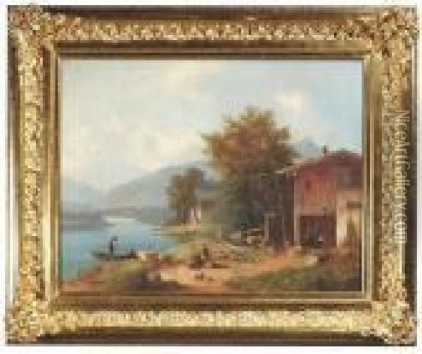 Summery Landscape At Lakeside. Oil/canvas, Signed And Inscribed Oil Painting - Anton Doll