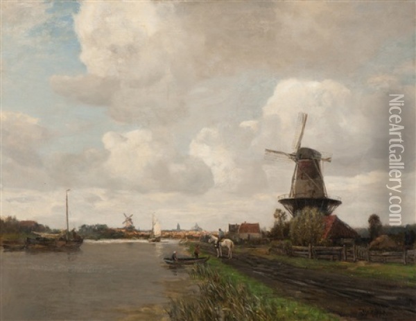 View Of A Canal With A City On The Horizon Oil Painting - Ferdinand Bernhard Hoppe