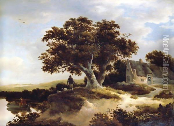 A Dune Landscape With A Drover And His Sheep Beneath A Pondside Oak, A Cottage To The Right Oil Painting - Meindert Hobbema