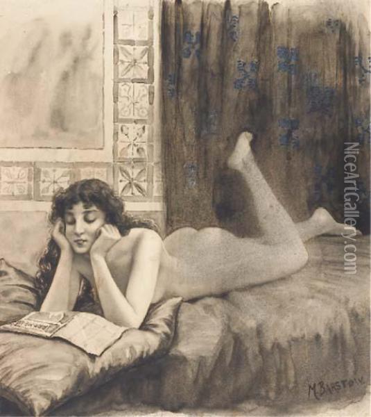 Une Femme Etendue Sur Un Lit, Lisant Un Magazine Oil Painting - Montagu Barstow