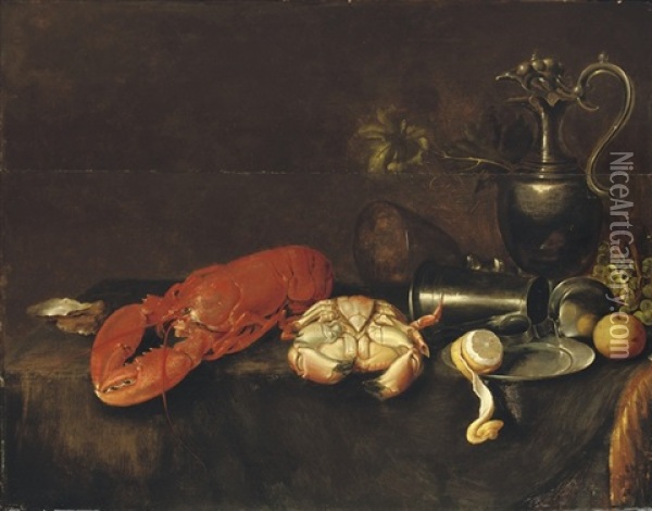 A Lobster, A Crab, An Oyster, And A Pewter Pitcher Oil Painting - Jan Davidsz De Heem
