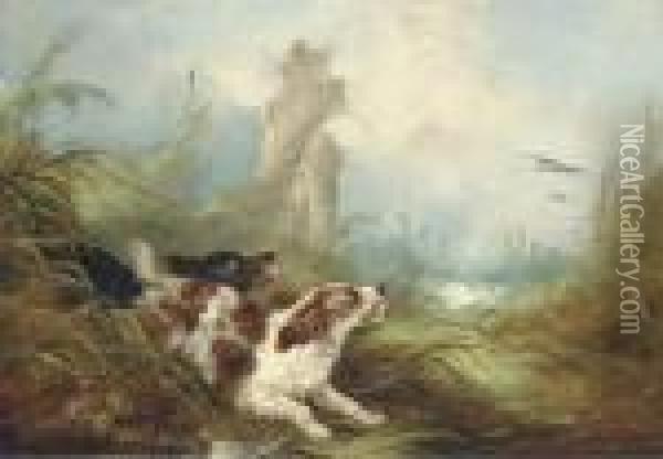 Spaniels Flushing Out Mallards Oil Painting - George Armfield