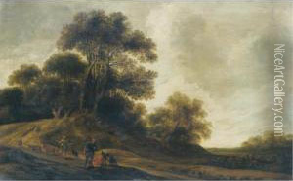 A Dune Landscape With Travellers
 Resting Beside A Road, A Shepherd Driving His Flock Towards A Wood 
Beyond Oil Painting - Pieter Jansz. van Asch