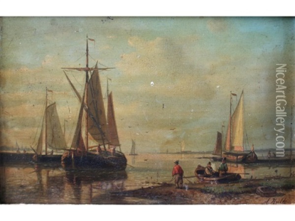 Figures And Boats By An Estuary Oil Painting - Abraham Hulk the Elder