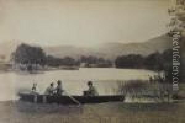 Figures In Boat At River Bank Oil Painting - Roger Fenton