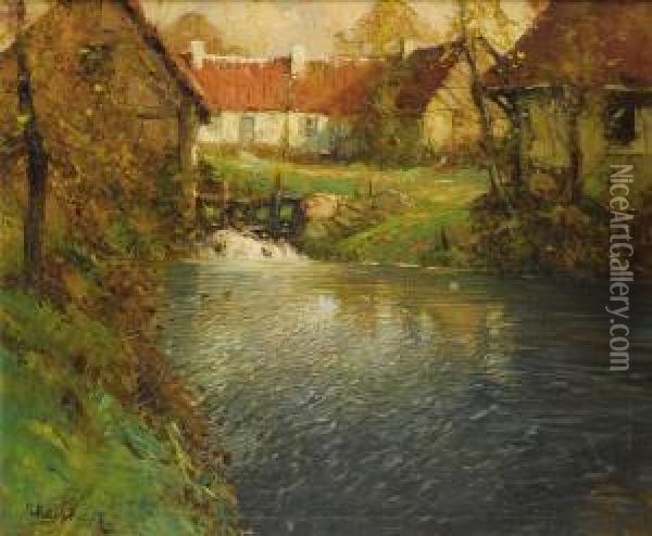 Cottages Along A River In Normandy Oil Painting - George Ames Aldrich