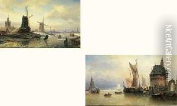 Barques De Peche Au Port Voiles Deployees Oil Painting - Elias Pieter van Bommel