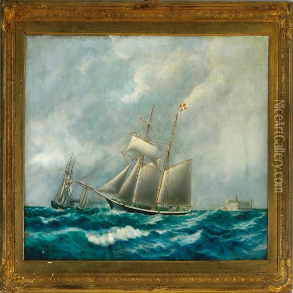 ?: Ship Portrait Of A Danish Brigantine Saling Along The Coast Of Elsinore Castle. Usigned Oil Painting - Peder Nielsen Foss