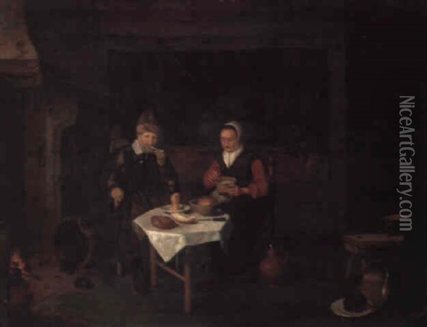 An Elderly Couple At A Table In An Interior Oil Painting - Quiringh Gerritsz van Brekelenkam