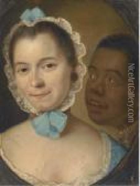 Portrait Of A Lady, Bust-length,
 In A Blue Lace-trimed Dress Andcap, With A Servant, Feigned Oval Oil Painting - Philippe Mercier