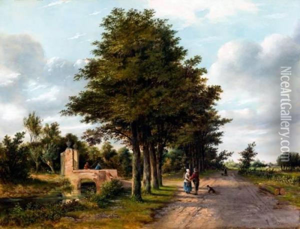 Wandelaars Bij Een Brug Op Landweg Bij Loosduinen Oil Painting - Johannes Philippus Galjaard