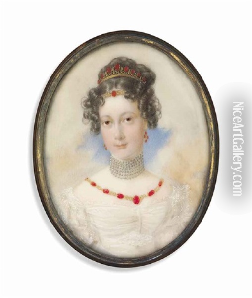 A Young Noblewoman, Possibly Maria Leopoldina Von Metternich-winneburg Zu Beilstein (1797-1820), In Decollete White Dress With Frilled Sleeves Oil Painting - Moritz Michael Daffinger