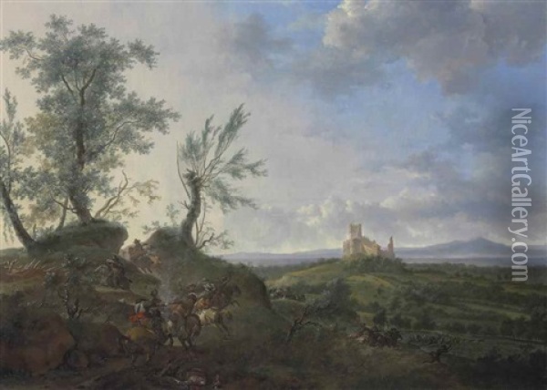 An Extensive Landscape With A Cavalry Skirmish, A Ruined Castle On A Hilltop Beyond Oil Painting - Frederick De Moucheron