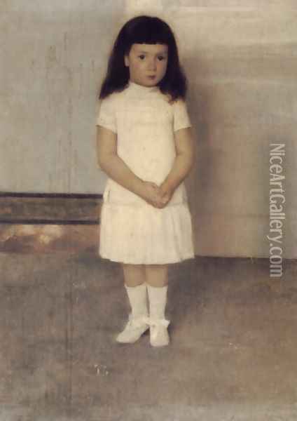 A Portrait of a Standing Girl in White Oil Painting - Fernand Khnopff