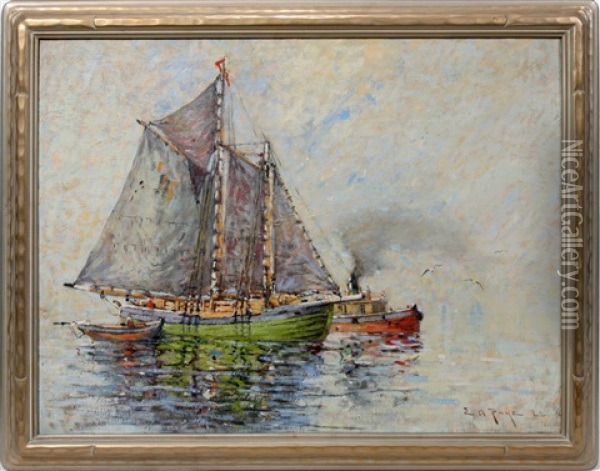 Boats In A Foggy Harbor Oil Painting - Edward A. Page