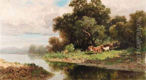 A herd of cattle by a river Oil Painting - Francesco Lojacono