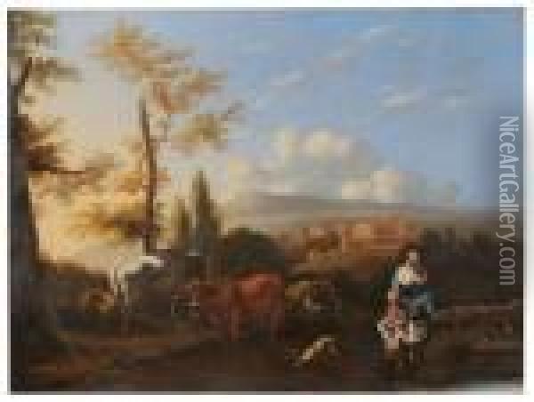 Paesaggio Laziale Con Figureed Armenti Oil Painting - Karel Dujardin