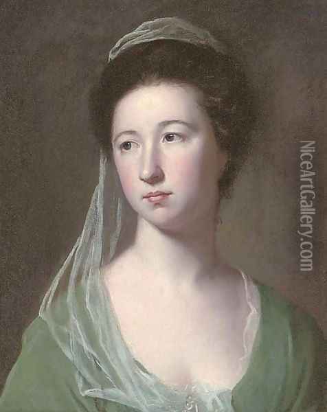 Portrait of a lady traditionally identified as Lady Cicilia Halliwell, bust-length, in a green dress and pale green veil Oil Painting - George Romney