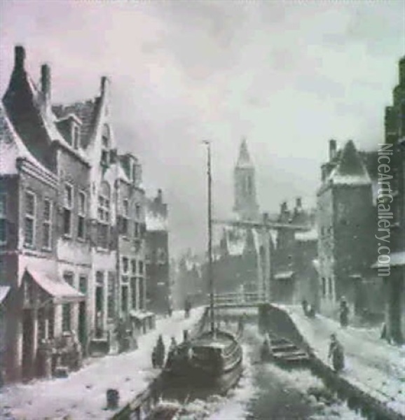 Figures In A Dutch Winter Townscape. Oil Painting - Oene Romkes De Jongh