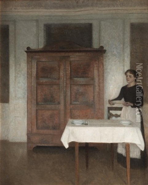Pigen Daekker Bord (the Maid Laying The Table) Oil Painting - Vilhelm Hammershoi