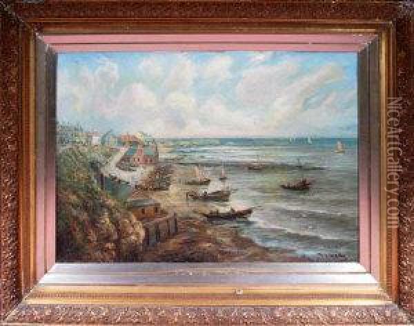Cullercoats Bay With Fishing Cobles On The Beach Oil Painting - Bernard Benedict Hemy