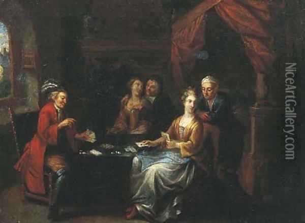 Elegant company playing at cards in an interior Oil Painting - German School