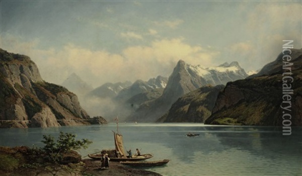 Boot Am Ufer Des Vierwaldstattersees Oil Painting - Johann Wilhelm Lindlar