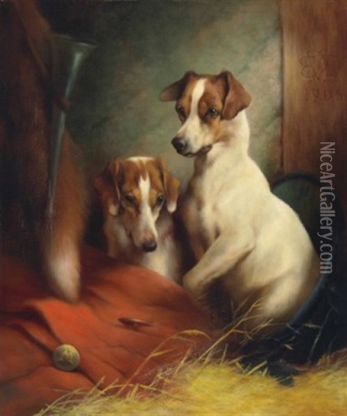 Two Terriers Waiting For Their Master Oil Painting - Edwin Douglas