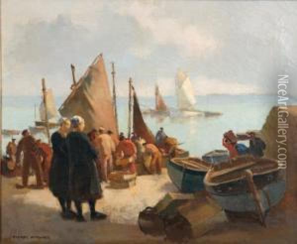 L'arrivee Des Pecheurs Dans Un Petit Port Breton Oil Painting - Pierre Wagner
