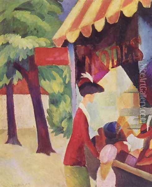 A Woman With Red Jacket And Child Before The Hat Store Oil Painting - August Macke