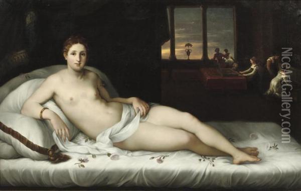 Venus Reclining In An Interior Oil Painting - Lambert Sustris