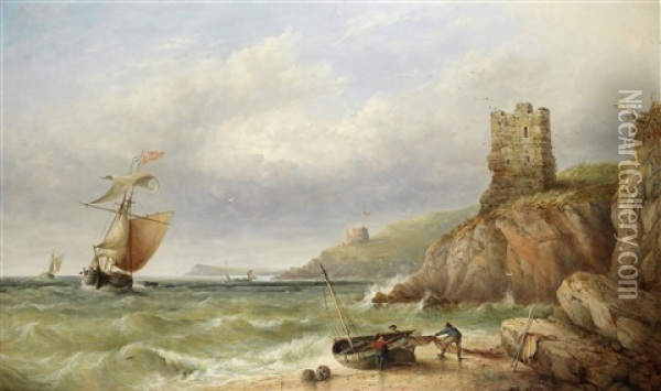 Fowey - Fishermen Unloading Nets Off The Lookout Station, With A Brigantine And Other Shipping Beyond Oil Painting - Henry King Taylor