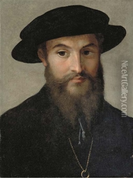 Portrait Of A Bearded Man, Bust-length, In A Black Hat, Wearing A Gold Chain With A Ring Oil Painting -  Parmigianino