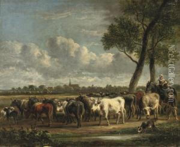 Rounding Up The Cattle Oil Painting - Jan Van Ravenswaaij