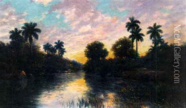 Tropical Landscape At Sunset, Habana Oil Painting - Juan Gil Garcia
