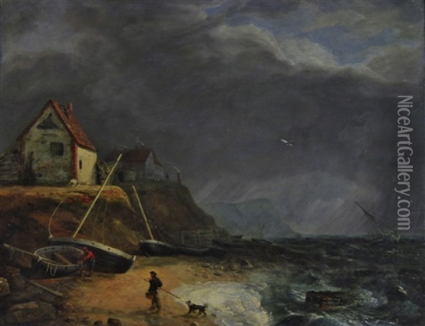 Fisherfolk On A Beach (possibly Mundesley), Approaching Storm Oil Painting - Charles Catton the Younger