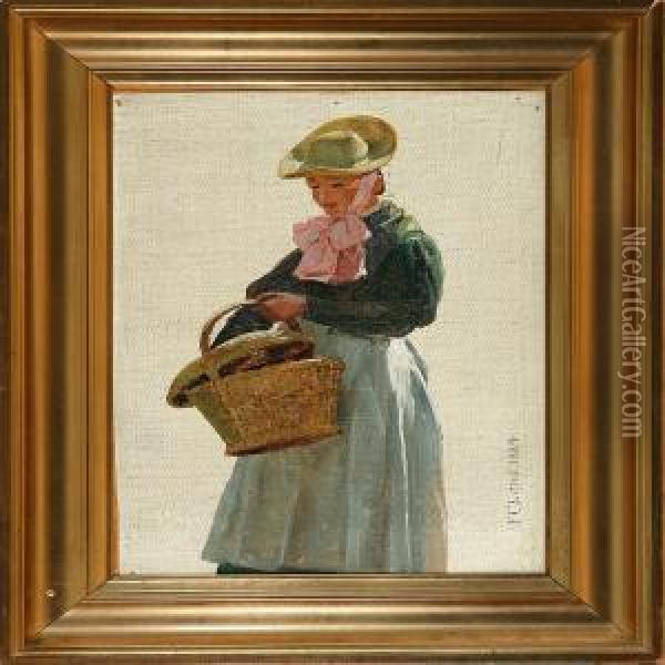 Young Woman With A Basket Oil Painting - Frederick Christian Lund