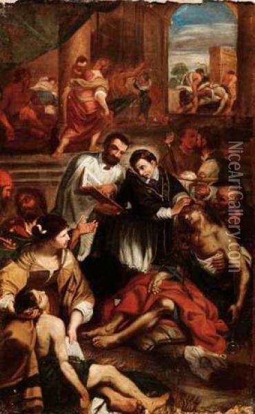 San Carlo Borromeo Cura Gli Appestati Oil Painting - Giovanni Bonatti