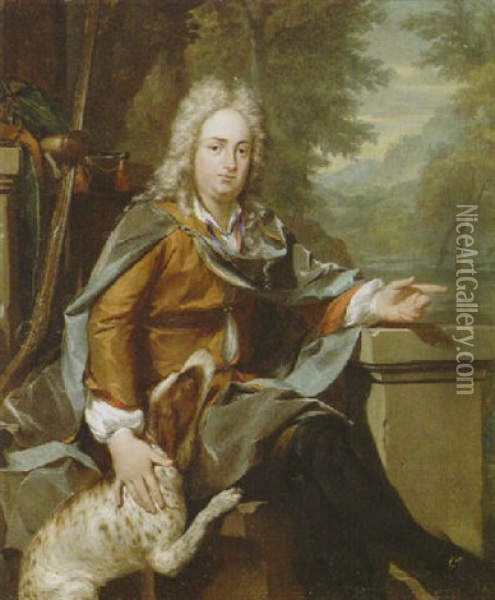 Portrait Of A Gentleman, In A Landscape With Instruments Of The Hunt Oil Painting - Gerard Hoet the Elder