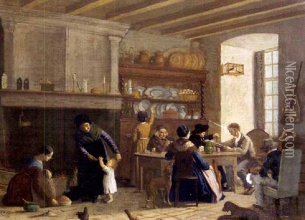 Familienzusammenkunft In Der Kuche Oil Painting - Edouard John E. Ravel